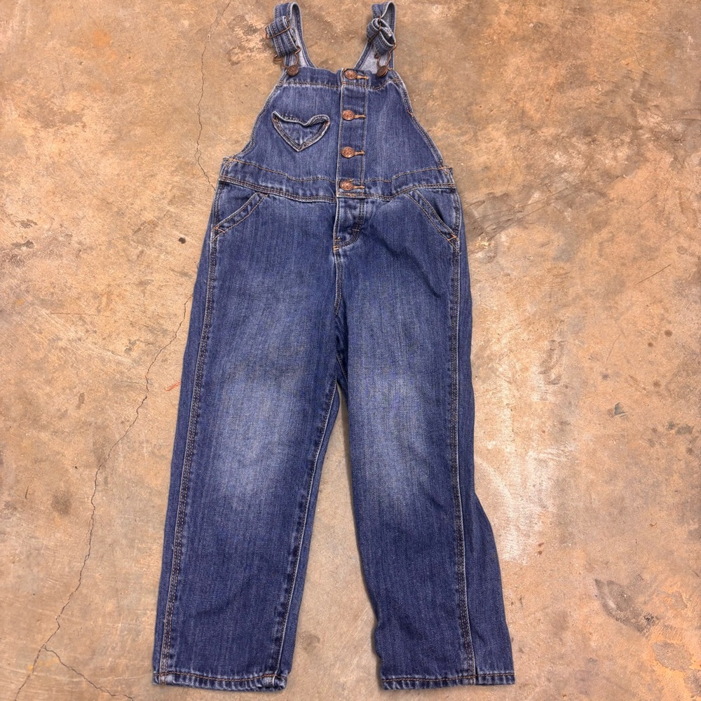 OshKosh B'gosh 4T Denim Overalls Heart Pocket Vestbak Button Front Blue Toddler